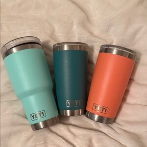 YETI Tumbler Trio - Light Blue, Dark Teal, and Orange